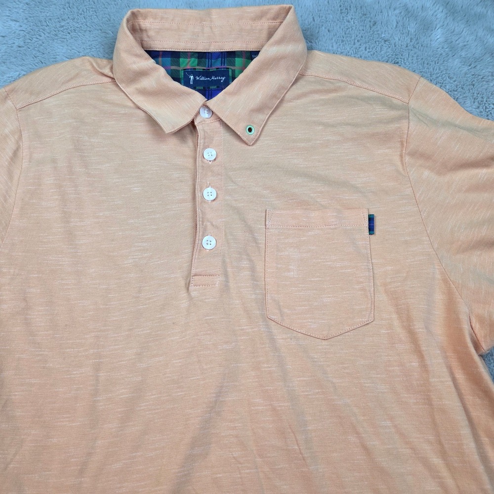 William Murray Golf Polo Men M Short Sleeve Plaid Trim Pocket Peach Cotton Blend